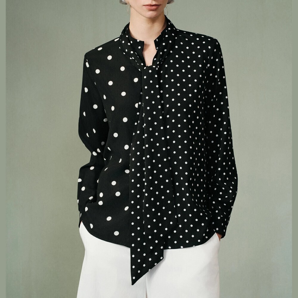 Black / White Multi-Sized Polka Dot Tie Neck Long Sleeve Blouse